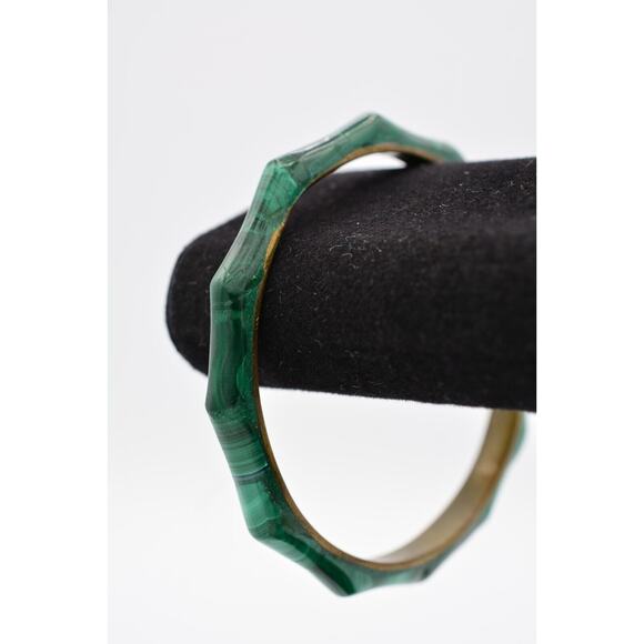 Vintage Bangle Bracelet Green Malachite Brass Chunky Inlay Round Heavy BinAW - Picture 1 of 12